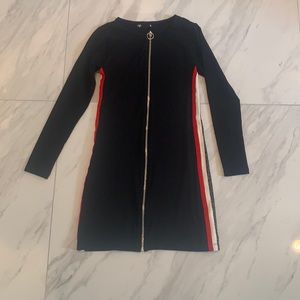 Global Love front zip black dress with red & white stripe on sides size M